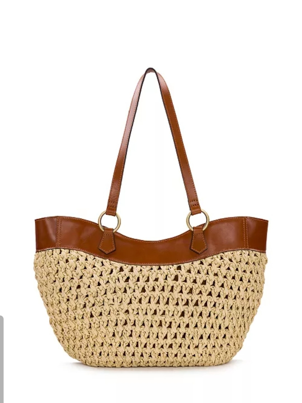Patricia Nash Gorgeous Natural Straw Tote with Brown Trim and Gold Rings NWT